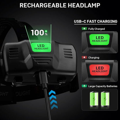 azamine Rechargeable Headlamp Super Bright 99000 Lumens, LED Head Lamp with 3 Modes, 90° Adjustable Head Lights for Forehead, IPX6 Waterproof HeadLamps for Adults Camping Hunting Hiking