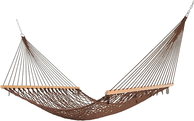 Castaway Living 13 ft. Double Traditional Hand Woven Antique Brown Polyester Rope Hammock – 2-Person, 450 lb Capacity, Free Extension Chains & Tree Hooks, Designed in The USA