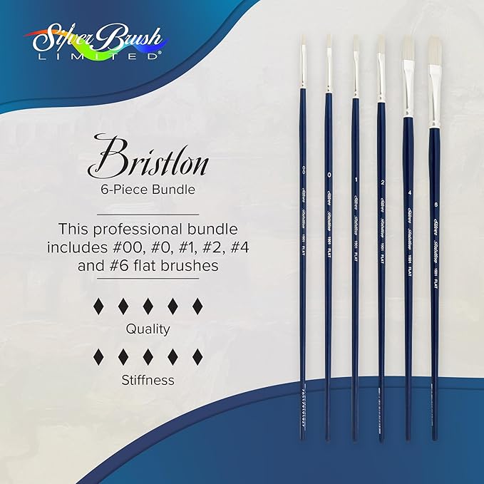 Silver Brush Limited BR-1951 Bristlon Long Handle Flat Brushes with Very Stiff White Synthetic Tips, 6pc Premium Artist Painting Set for Acrylic, Oil, Watercolor & All Media, Sizes 00, 0, 1, 2, 4, & 6