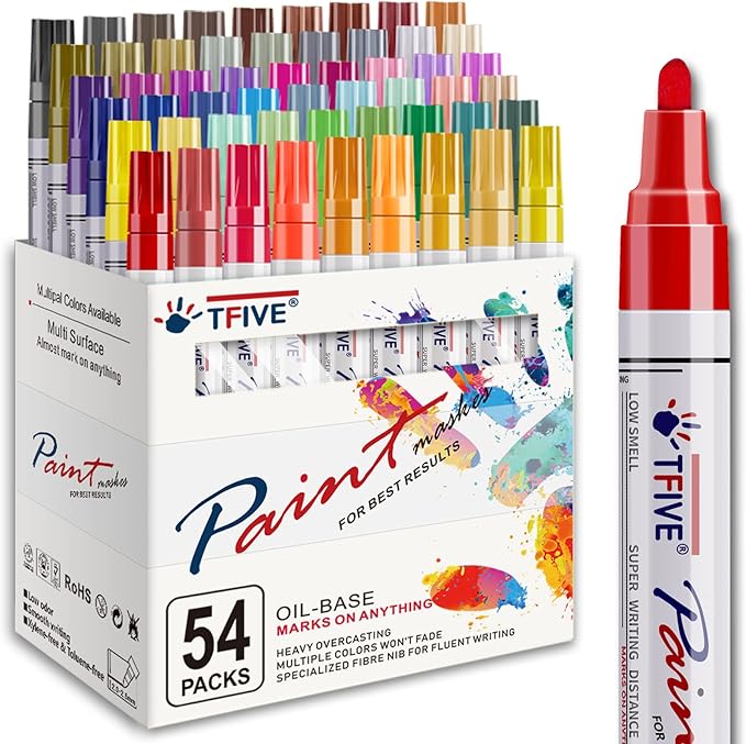TFIVE Paint Markers Pens - 54 Colors Medium Tip Markers, Permanent, Waterproof & Quick Dry, Paint Pen for Metal, Wood, Fabric, Plastic, Rock Painting, Mugs, Canvas, Glass, Art Craft