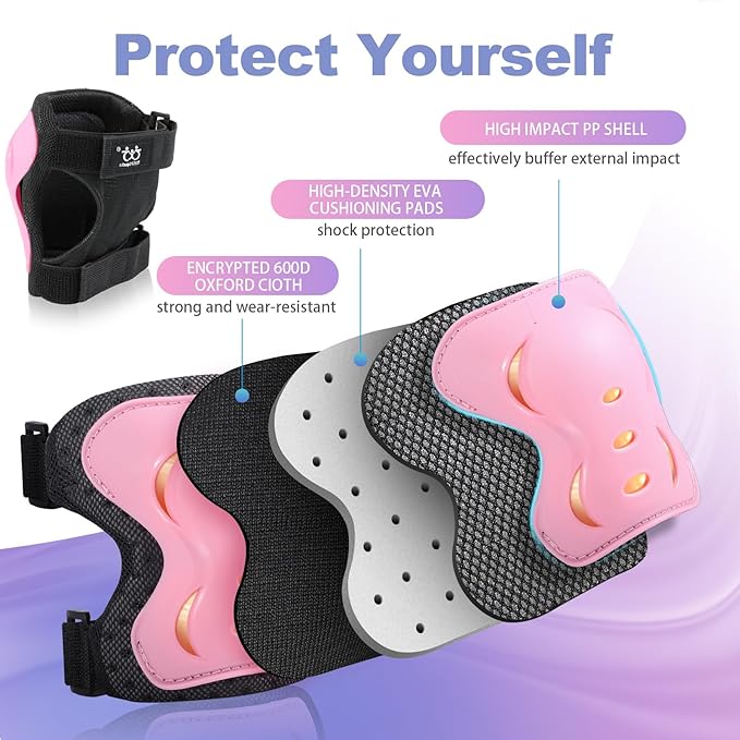 Kids/Youth/Adult Knee Pads Elbow Pads with Wrist Guards Protective Gear Set 6 Pack for Roller Skating Skateboard Cycling Skating Bike Scooter Riding Sports