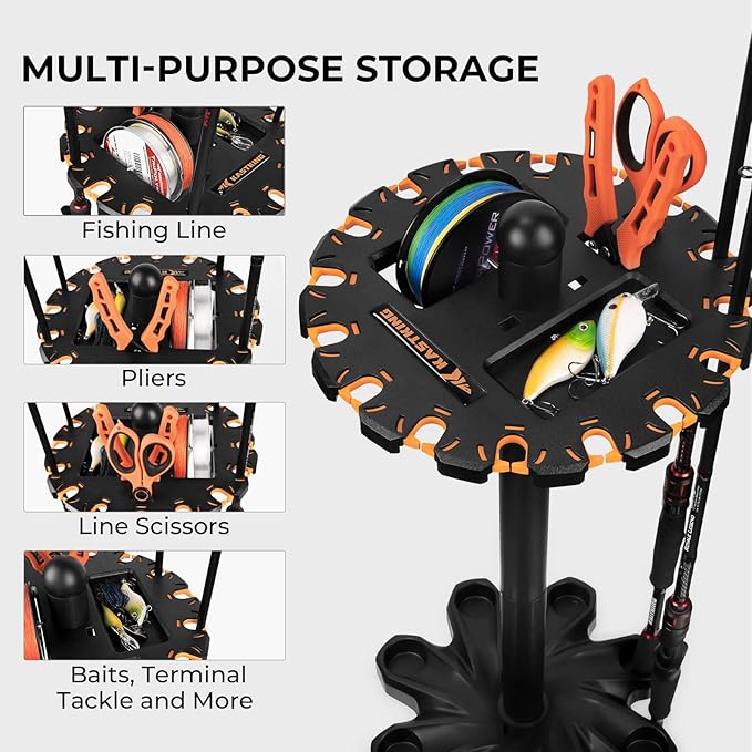 KastKing V16 Fishing Rod Rack With Rotating Base- Fishing Pole Rack Holds Up to 16 Fishing Rods or Combos, Lightweight and Durable ABS Construction, Space-Saving Fishing Rod Holders for Garage
