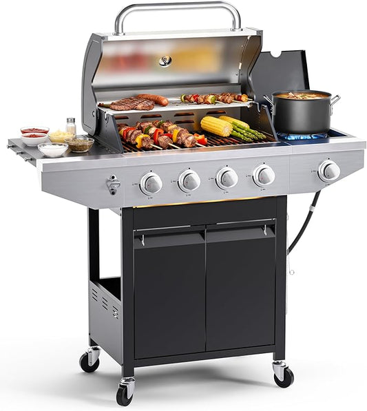 4-Burner Propane Gas BBQ Grill with Side Burner, 46,500 BTU Output Stainless Steel Barbecue Grill with Enameled Cast Iron Grates and Side Tables for Outdoor Cooking Kitchen and Patio Backyard