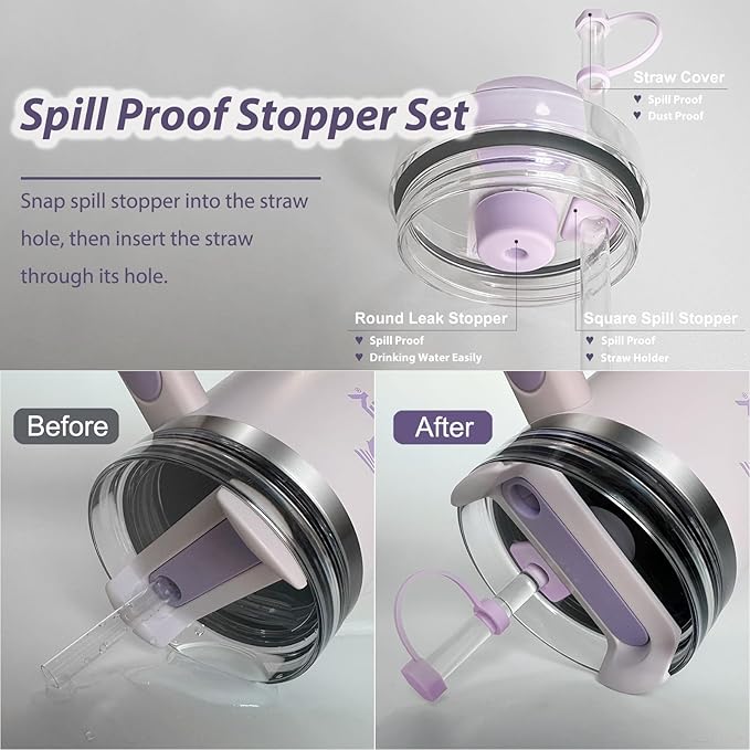 Stanley Cup Accessories Set Including 6 Pcs Silicone Spill Proof Stopper, 2 Pcs Straw Cover Cap for 9-10 mm Straws, 1 Pcs Purple Silicone Boot for Stanley Cup 40oz & 30oz Tumbler (ORCHID)