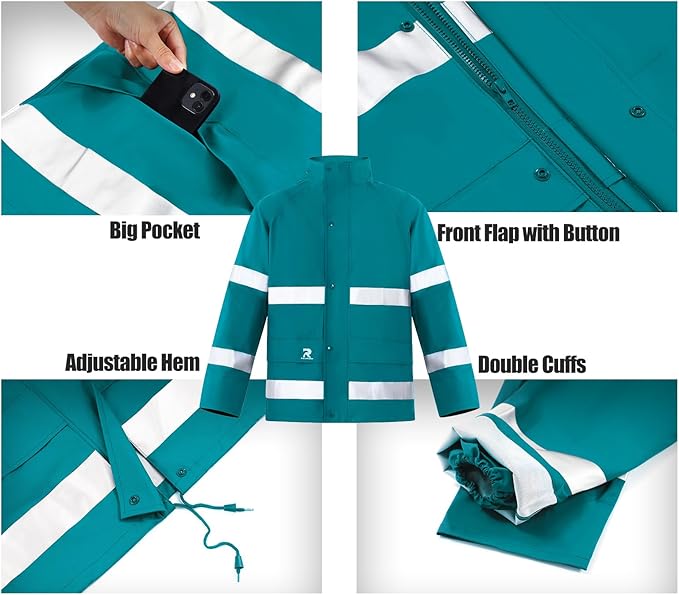 RainRider Rain Suits for Men Women Waterproof Reflective Rain Coat and Bib Pants for Safety Heavy Duty Rain Gear Fishing