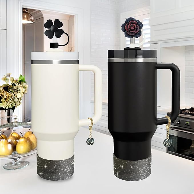 Stanley Cup Accessories Set,Including 2 Pcs 0.4in Straw Cover, 1 Silicone Spill-Proof Stopper Set of 3, 1 Cute Rose Handle Charm, 1 Silicone Boot Fits Stanley 40&30 Oz Tumbler (Black 2.0)