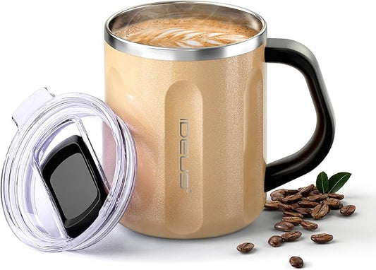Ideus 16 oz Coffee Cup, Stainless Steel Coffee Travel Mug, Spill Proof Tea Mug with Handle and Lid, Lightweight and Durable, Great for Office Home and Outdoor Use, Golden-FUJI FLOW