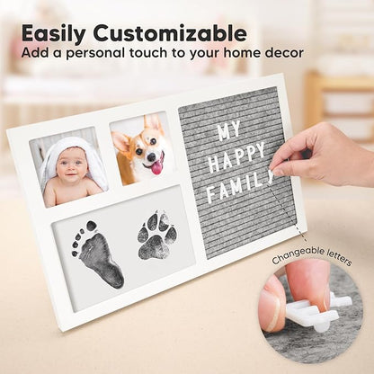 Baby Hand & Footprint Kit with Felt Letterboard, Inkless Ink Pad - Personalized New Mom Gifts for Baby Announcement, Cute Nursery Newborn Picture Frame,Ideal Dog Nose & Paw Print Kit(Alpine White)