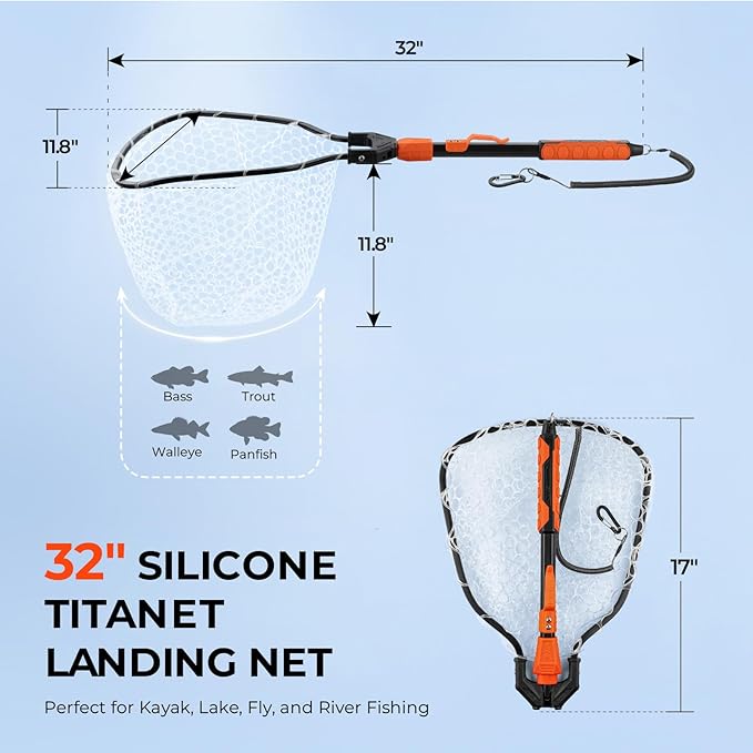 KastKing Titanet Fishing Net, Durable Aluminum Handle, Non-Slip Hi-Vis Grip, Compact Bag & Lanyard, Ideal for Kayak, Lake, Fly, or River Fishing, 2 Net Options