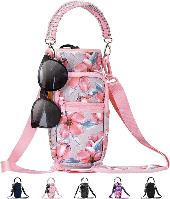 32/40/64/87/128 oz Water Bottle Carrier Bag, Neoprene Water Bottle Sleeve with 4 Pocket, Sport Water Holder with Paracord Handle and Shoulder Strap for Walking Hiking Camping Gym