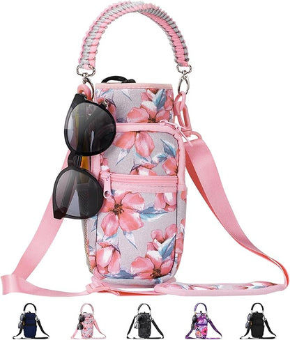 32/40/64/87/128 oz Water Bottle Carrier Bag, Neoprene Water Bottle Sleeve with 4 Pocket, Sport Water Holder with Paracord Handle and Shoulder Strap for Walking Hiking Camping Gym