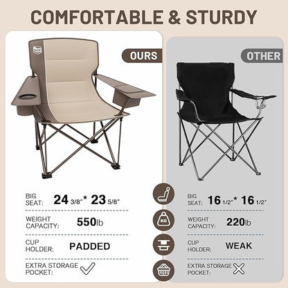 TIMBER RIDGE Oversized Folding Camping Chair for Adults, Support 550 LBS Heavy Duty with Cup Holder Side Pocket for Camp, Lawn, Picnic, Tan, 2 Pack
