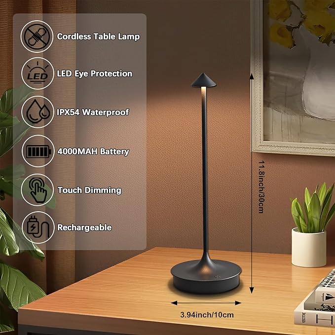 Cordless Table Lamp Rechargeable LED Table Lamps Battery Operated 4000mAh Touch Dimmable Wireless Lamp Waterproof Portable Outdoor Table Light for Restaurants and Dining Home Indoor/Outdoor Use