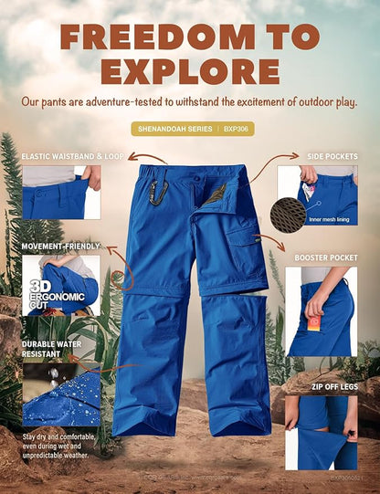 CQR Kids Youth Hiking Cargo Pants, UPF 50+ Quick Dry Convertible Zip Off Pants, Outdoor Camping Pants