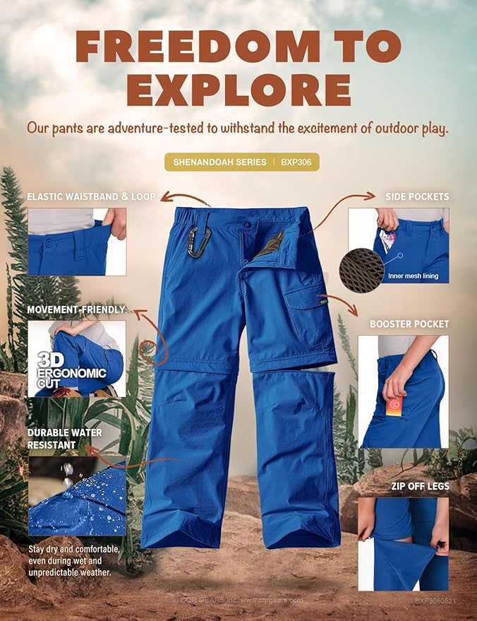 CQR Kids Youth Hiking Cargo Pants, UPF 50+ Quick Dry Convertible Zip Off Pants, Outdoor Camping Pants