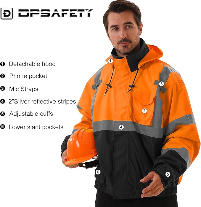 3 in 1 Safety jacket,Reflective high Visibility Hooded jacket,Hi Vis Bomber Jacket shell and fleece lining,Waterproof,ANSI Class 3 Black Bottom Orange,5XL