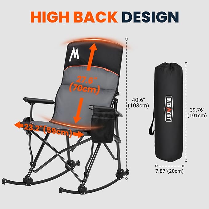 Overmont Back Support Rocking Camping Chair for Adults - Oversized with Adjustable High Backrest - Heavy Duty Folding Rocker Chair Supports 450 LBS - Perfect for Outdoor Lawn Beach Fishing Garden