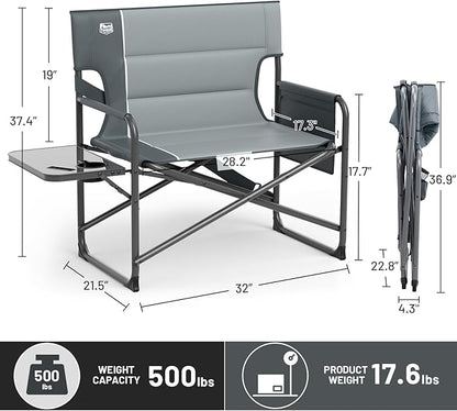 TIMBER RIDGE XXL Foldable Directors Chair with Side Table, Extra Wide Camping Chairs for Adults Heavy Duty Supports 500 lbs, Oversized Folding Lawn Chair for Picnic Beach Sports Fishing, Grey-2 Pack