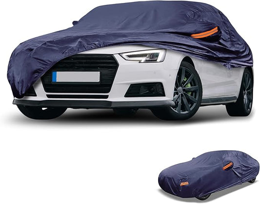 Universal Car Cover Waterproof All Weather 190T-PU, UV Sun Rain Protection, Fits for Sedan Length 187"-198", with Left Side Zipper, Navy Blue