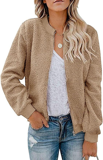 MIROL Women's Fall Trendy Fleece Jacket Faux Sherpa Fuzzy Casual Long Sleeve Zip Up Loose Fit Bomber Winter Coat
