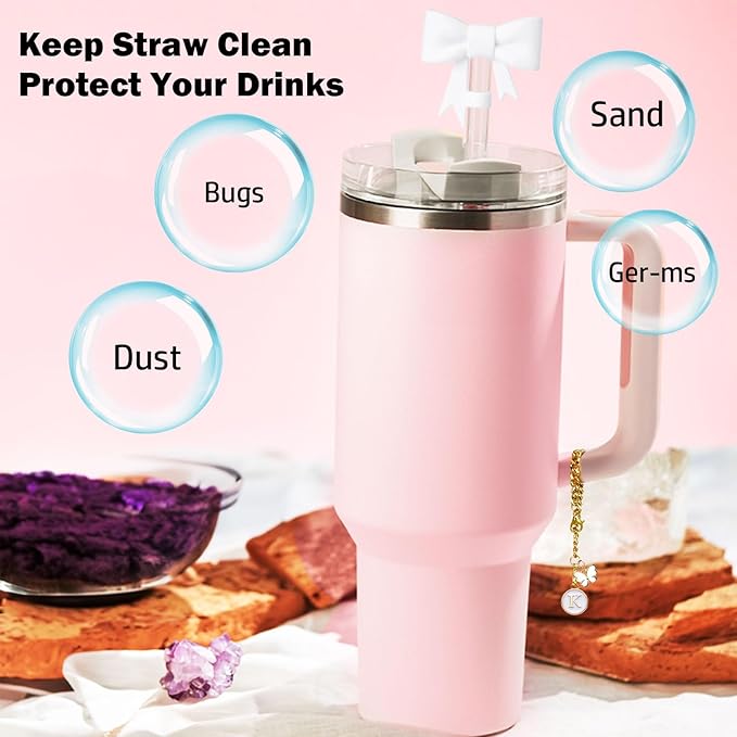 Bow for Stanley Straw Topper- 3pcs Cute Cup Bow Straw Cover Silicone Cap 10mm with 2pcs Initial Letter Charms Name Id Personalized Accessories 40/30 Oz Tumbler Water Bottle Cups White-K