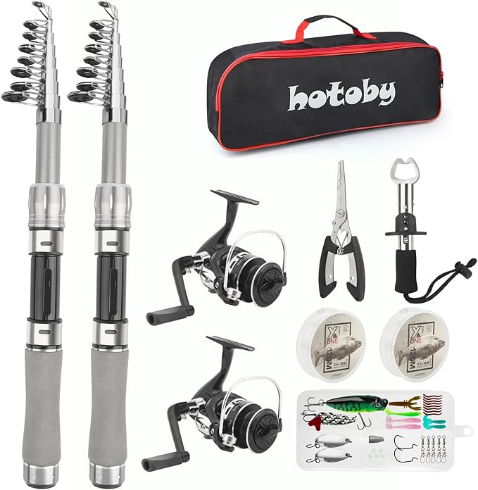 Fishing Pole Combo Set, 2PACK 6.89ft Fishing Rod and Reel Combo, Carbon Fiber Telescopic Fishing Rod Kit with Spinning Reel,Line, Lures, Fishing Pliers, Lip Gripper, Carrier Bag for Beginner Angler