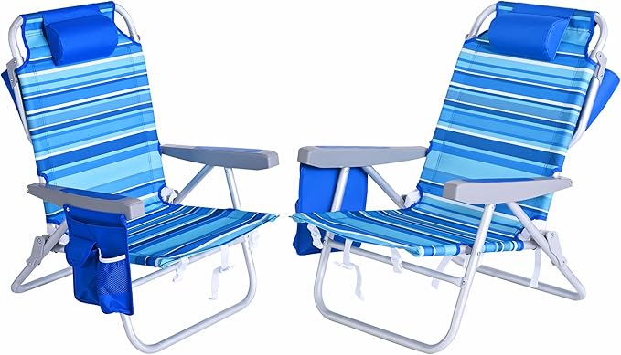 SUNNYFEEL Beach Chairs for Adults 2 Pack 5 Position Lay Flat, Portable Folding Backpack Beach Chair Heavy Duty with Cooler Bag, Cup Holder for Outdoor/Lawn/Picnic, Foldable Camping Chair