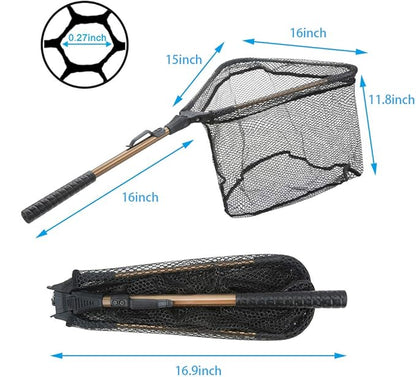 YVLEEN Folding Fishing Net - Foldable Fish Landing Net Robust Aluminum Telescopic Pole Handle and Nylon Mesh 16inch Hoop Size