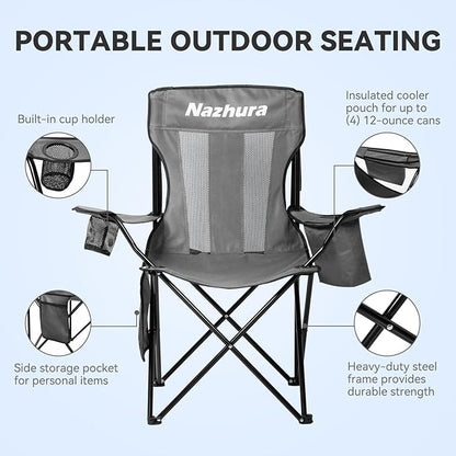 Nazhura 2 Pack Outdoor Camping Chairs Folding/Foldable/Portable with Cooler Pouch, Mesh Backrest and Cup Holder Pocket(Grey, 2 Pack)