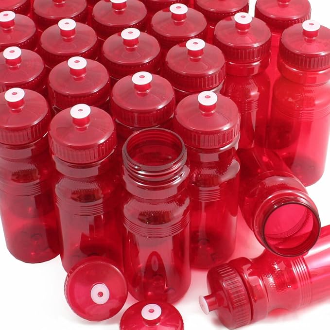 Rolling Sands USA Made 24 Ounce Sports Water Bottles - 100 Pack BPA-Free Blank Plastic Bottles for Group Use, Fitness Classes & Events - Translucent Red Bottle/Red Lid