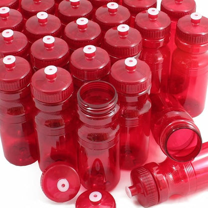 Rolling Sands USA Made 24 Ounce Sports Water Bottles - 100 Pack BPA-Free Blank Plastic Bottles for Group Use, Fitness Classes & Events - Translucent Red Bottle/Red Lid