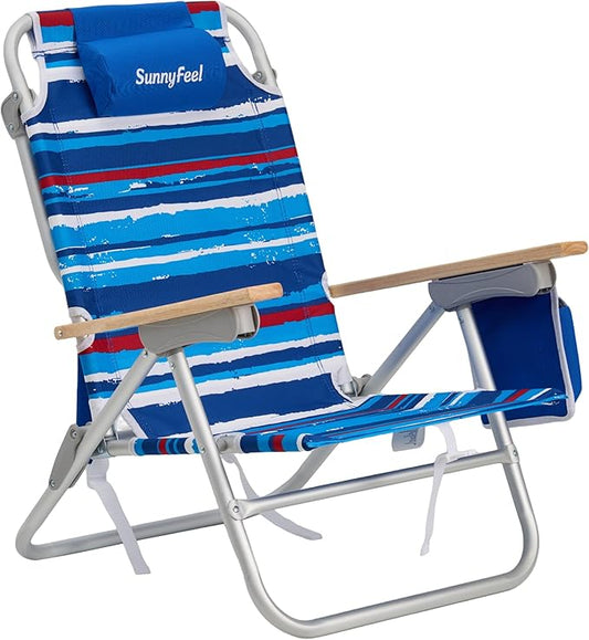 SUNNYFEEL Low Back Folding Beach Chair, Aluminum Heavy Duty Beach Chair with 3 Reclining Position, Portable Camping Chair for Adults with Wood Armrest, Lightweight Camping Chair 300lbs, Blue Stripe