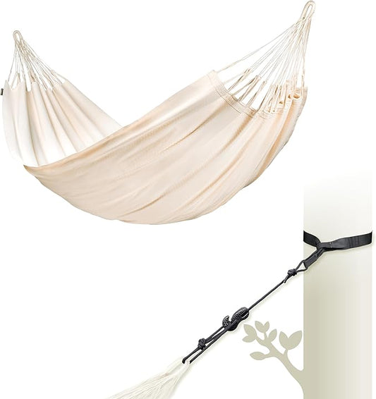 LA SIESTA® Modesta Organic Cotton Hammock & Tree Mount Kit, Beams & Posts Hammock Straps - Indoor Outdoor Hammock Swing, Portable Hammock for Outside Patio Bed - 2 Person Large Double Hammock, Latte