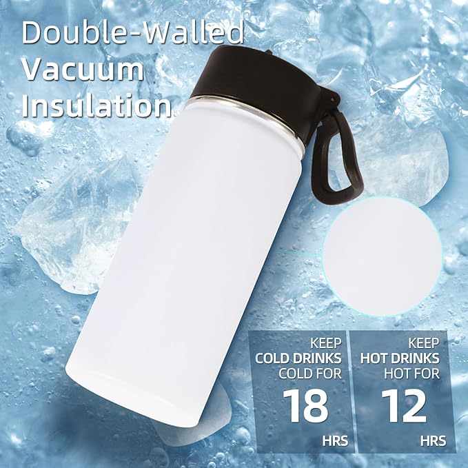 Volhoply 16 OZ Kids Water Bottle Bulk 4 Pack,Insulated Sports Bottles with Straw Lid,Stainless Steel Bottle with Handle Keep Cold & Hot,Double Wall Vacuum Tumbler Cups for School(White, 4)