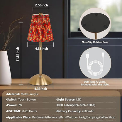 Cordless LED Table Lamp with Dimmer, Built-in Rechargeable Battery, 3-Level Brightness, Patio Table Lamp, Bedside Night Lamp, Ambient Light for Restaurant, Antique Brass (Yellow Flower)