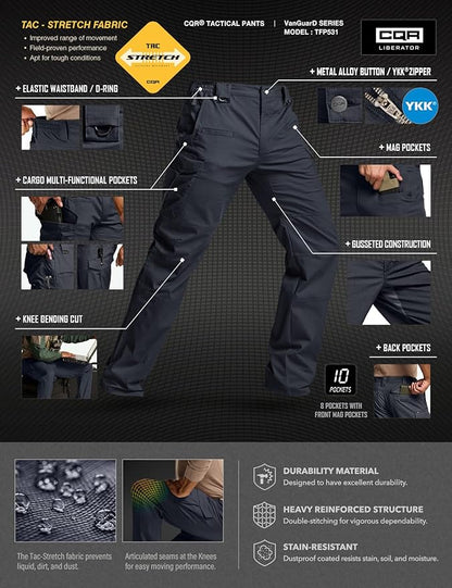 CQR Men's Flex Stretch Tactical Pants, Water Resistant Ripstop Cargo Pants, Lightweight EDC Outdoor Work Hiking Pants