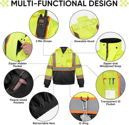 TICONN Waterproof Safety Bomber Jacket, Hi Vis Reflective Rain Jacket, ANSI Class 3 Work Rain Coat for Men Women