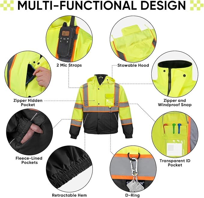 TICONN Waterproof Safety Bomber Jacket, Hi Vis Reflective Rain Jacket, ANSI Class 3 Work Rain Coat for Men Women