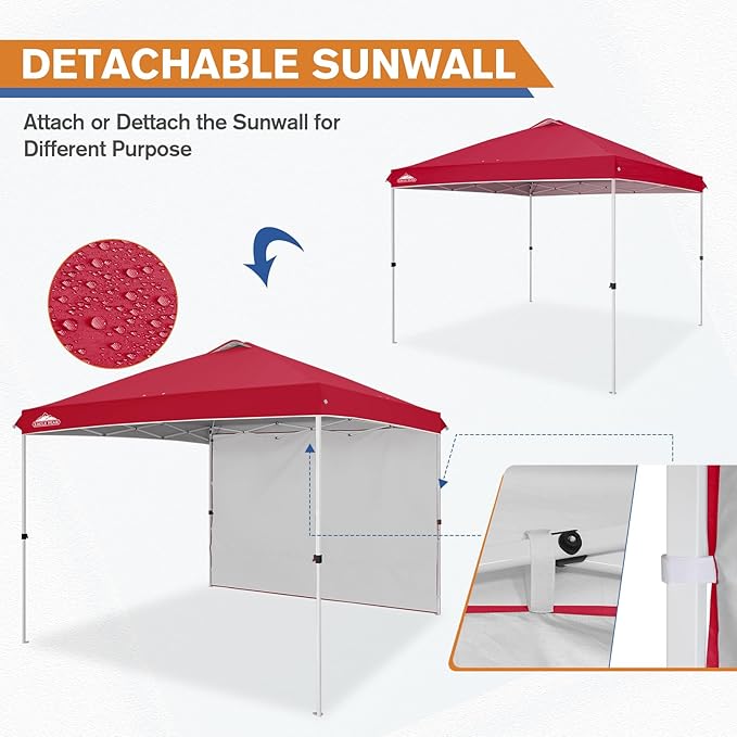 EAGLE PEAK Pop Up Canopy Tent with 1 Sidewall, Easy Setup Event Tent, Outdoor Sun Shade, Wheeled Carry Bag, Stakes and Guy Ropes, Instant Canopy 10x10, Red