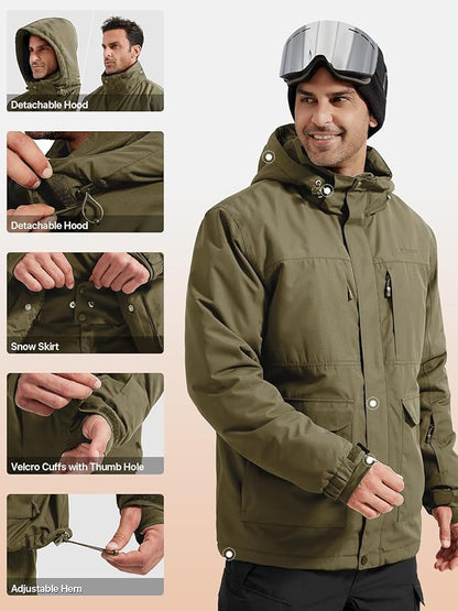FREE SOLDIER Men's Waterproof Ski Jacket Fleece Lined Warm Winter Snow Coat with Hood Fully Taped Seams
