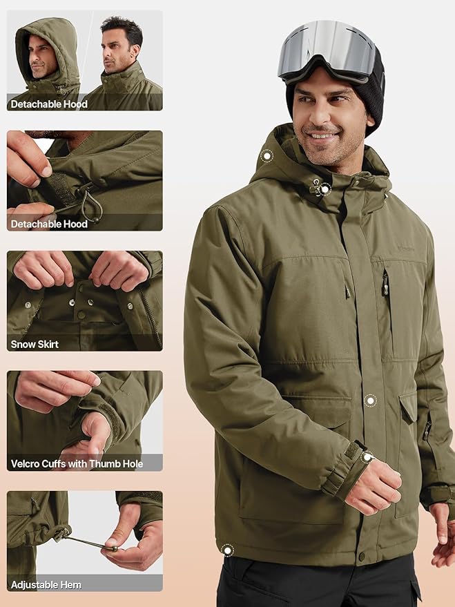 FREE SOLDIER Men's Waterproof Ski Jacket Fleece Lined Warm Winter Snow Coat with Hood Fully Taped Seams