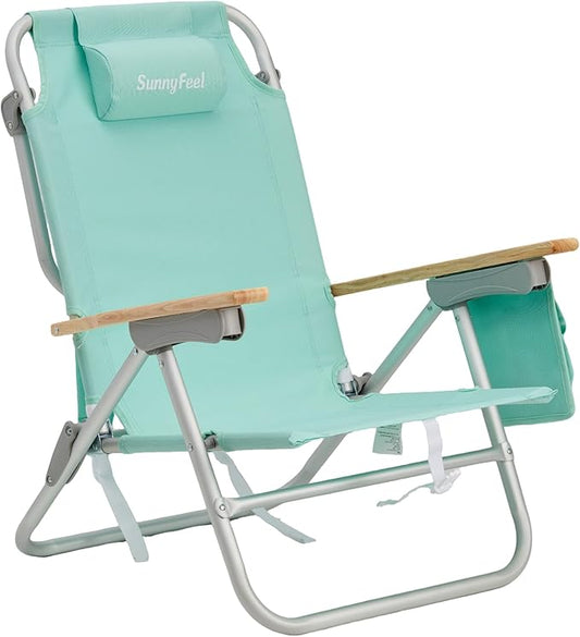 SUNNYFEEL Low Back Folding Beach Chair, Aluminum Heavy Duty Beach Chair with 3 Reclining Position, Portable Camping Chair for Adults with Wood Armrest, Lightweight Camping Chair 300lbs, Green