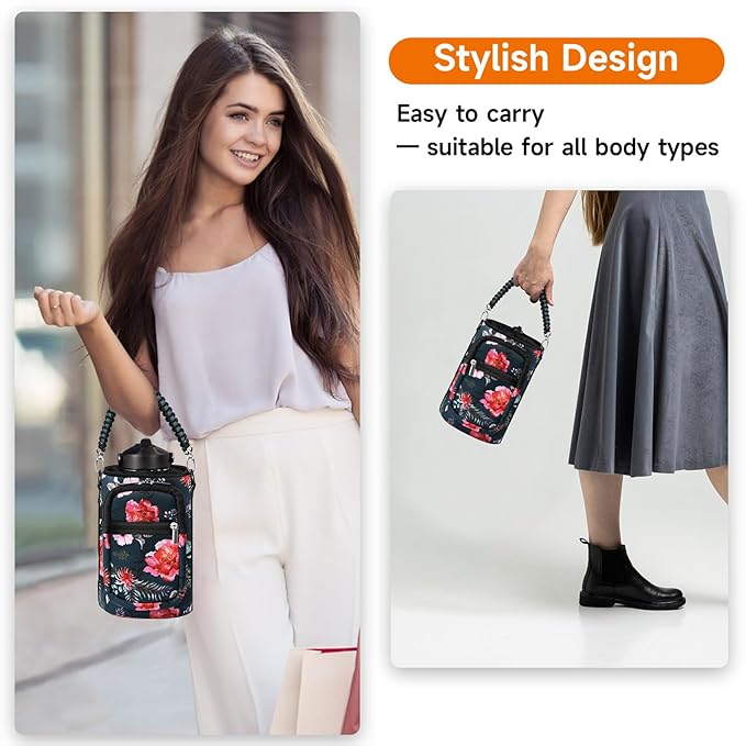 32/40/64/128 oz Neoprene Insulated Water Bottle Carrier Bag, Sling Bag Sleeve Pouch Holder with Strap & Paracord Handle and 2 Pocket for Travelling, Hiking, Camping