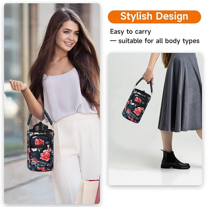 32/40/64/128 oz Neoprene Insulated Water Bottle Carrier Bag, Sling Bag Sleeve Pouch Holder with Strap & Paracord Handle and 2 Pocket for Travelling, Hiking, Camping