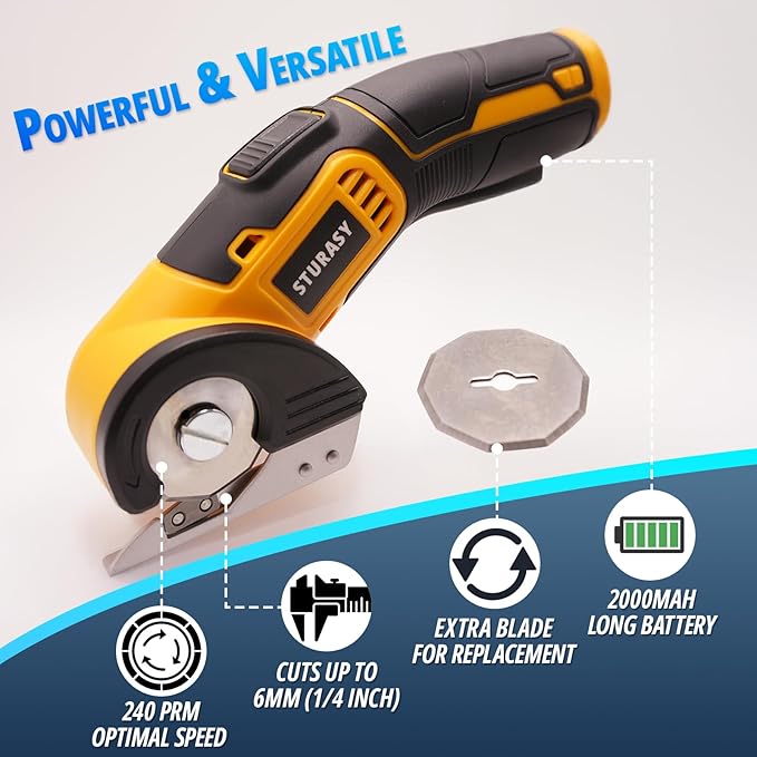 Cordless Electric Scissors, Power Cardboard Cutter with Safety Lock, Rechargeable 4V 2000mAh Electric Box Cutter for Cardboard, Fabric, Carpet, Leather, Paper, Plastic, Packages, Rotary Cutter