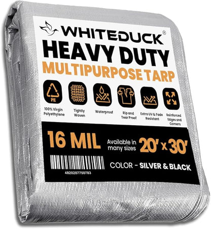 WHITEDUCK Super Heavy Duty Poly Tarp Cover 16 Mil & 10 Mil with Grommets and Reinforced Edges (Brown, White & Silver Black) (Silver Black- 16 Mil, 20' x 30')