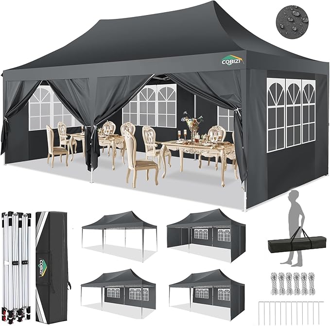 COBIZI 10x20 Pop Up Canopy Tent with Sidewalls,Party Tent Outdoor Gazebos, Waterproof & UV50+,3 Adjustable Heights,Higher Frame Design - Extra Tall for Parties Backyard,Weddings,Markets,Gray