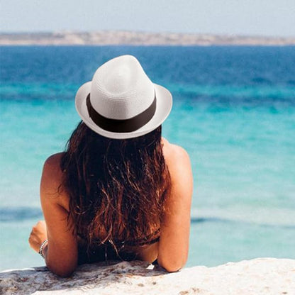 DRESHOW Women Straw Sun Hat Short Brim Panama Travel Fedora Beach Cap Roll up Summer Hat for Women Men UPF 50+