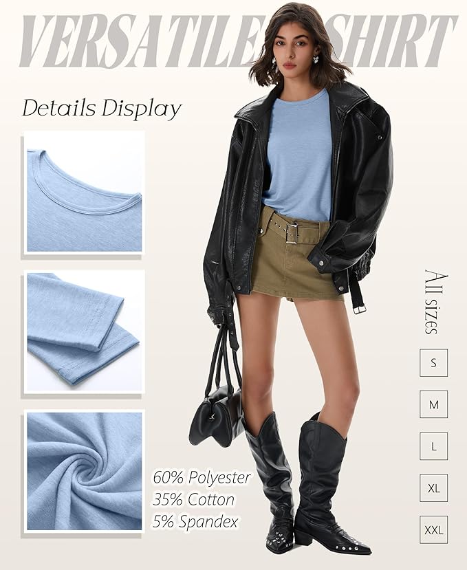 Huukeay 5 Pack Women's Crew Neck Long Sleeve Shirts, Cotton Blend Casual Clothes Workout Basic Layering Tee Tops Multipack