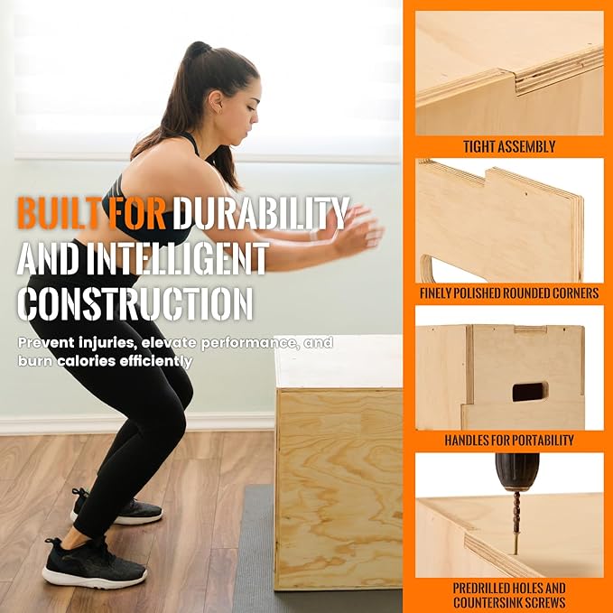 CAELUM 3-in-1 Wood Plyo Box - Non-Slip Plyometric Jump Box for Home & Gym, 400lbs Bearing Fitness Launch Box for Jumping Squats Step-ups Strength Training